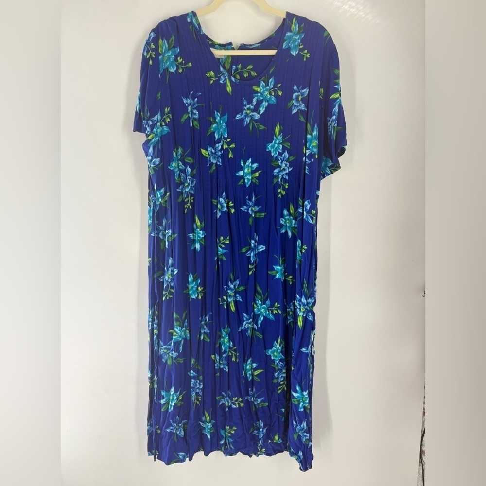 ANNA MAXWELL Hawaiian Blue Floral Maxi Dress pleated front - 20W